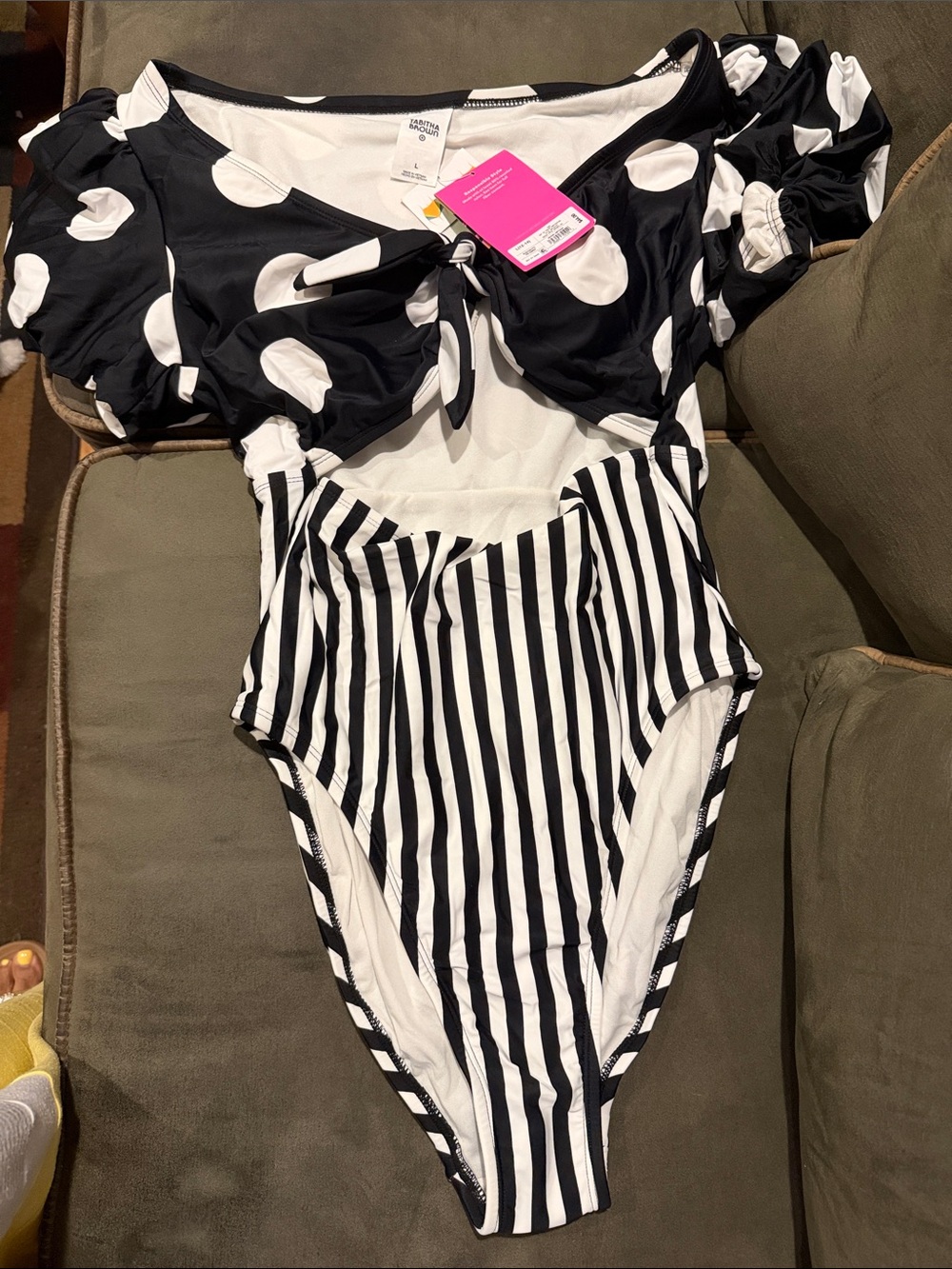 Polka Dot Puff Sleeve & Striped One-Piece Swimsuit - Black/White